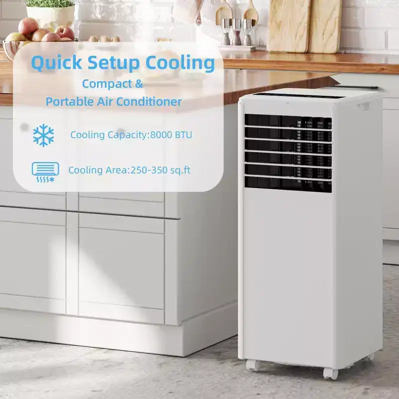 Aire Acondicionado Portátil de 8,000 BTU - 3 en 1 Enfriamiento, Deshumidificador y Ventilador para 32.5 m² con Modo Reposo y 1 Año de Garantía
