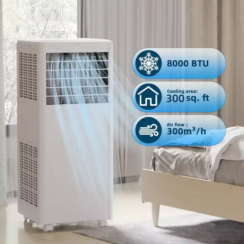 Aire Acondicionado Portátil de 8,000 BTU - 3 en 1 Enfriamiento, Deshumidificador y Ventilador para 32.5 m² con Modo Reposo y 1 Año de Garantía
