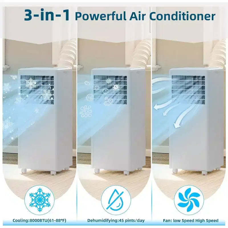 Aire Acondicionado Portátil de 8,000 BTU - 3 en 1 Enfriamiento, Deshumidificador y Ventilador para 32.5 m² con Modo Reposo y 1 Año de Garantía