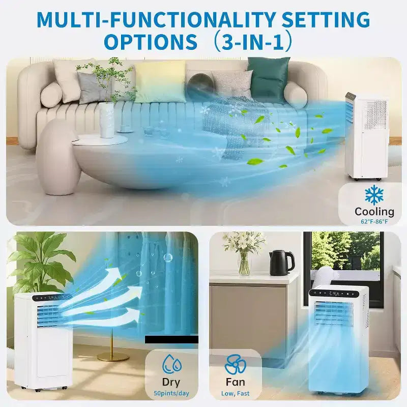Acondicionador de aire portátil 3 en 1 GustoWave de 8,000 BTU - Enfría hasta 450 pies cuadrados, silencioso <42dB con temporizador de 24H y control remoto, de pie
