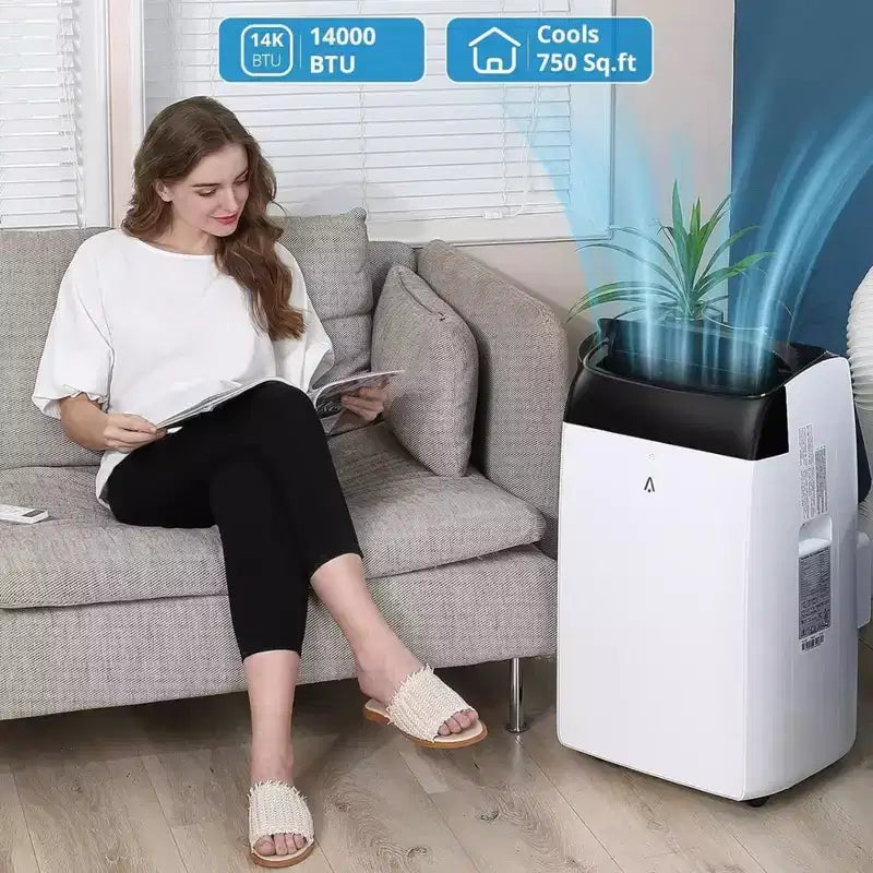 GustoWave Aire Acondicionado de 14000 BTU con Control Remoto, Unidad de AC Portátil para Habitaciones de hasta 70 m², Blanco/Negro
