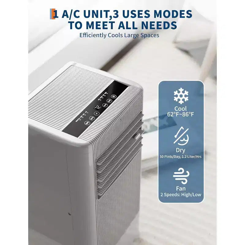 Aire Acondicionado Portátil 3 en 1 de 10,000 BTU - Enfría hasta 41.8 m², Enfriamiento sin Drenaje, Modo de Sueño Silencioso, Cubierta Negra y Gris
