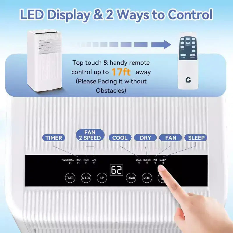 Aire acondicionado portátil 3 en 1 de 10,000 BTU - Enfría hasta 52 m², pantalla LED, control remoto y kit de ventilación para ventana incluidos