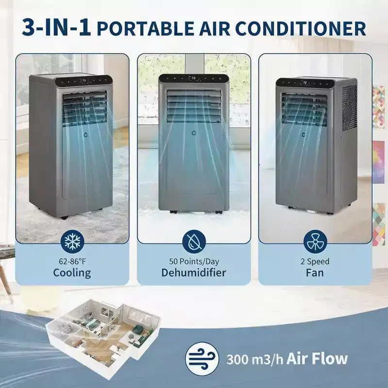GustoWave Aire Acondicionado Portátil 4 en 1 de 8.000 BTU - Enfría hasta 32.5 m², Funcionamiento Silencioso, Control Remoto, Temporizador de 24H, Pantalla LED