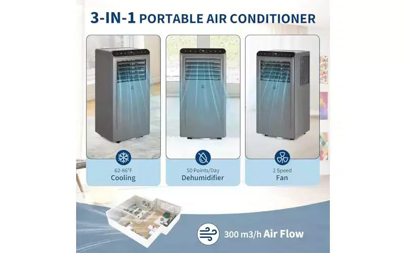 GustoWave Aire Acondicionado Portátil 4 en 1 de 8.000 BTU - Enfría hasta 32.5 m², Funcionamiento Silencioso, Control Remoto, Temporizador de 24H, Pantalla LED