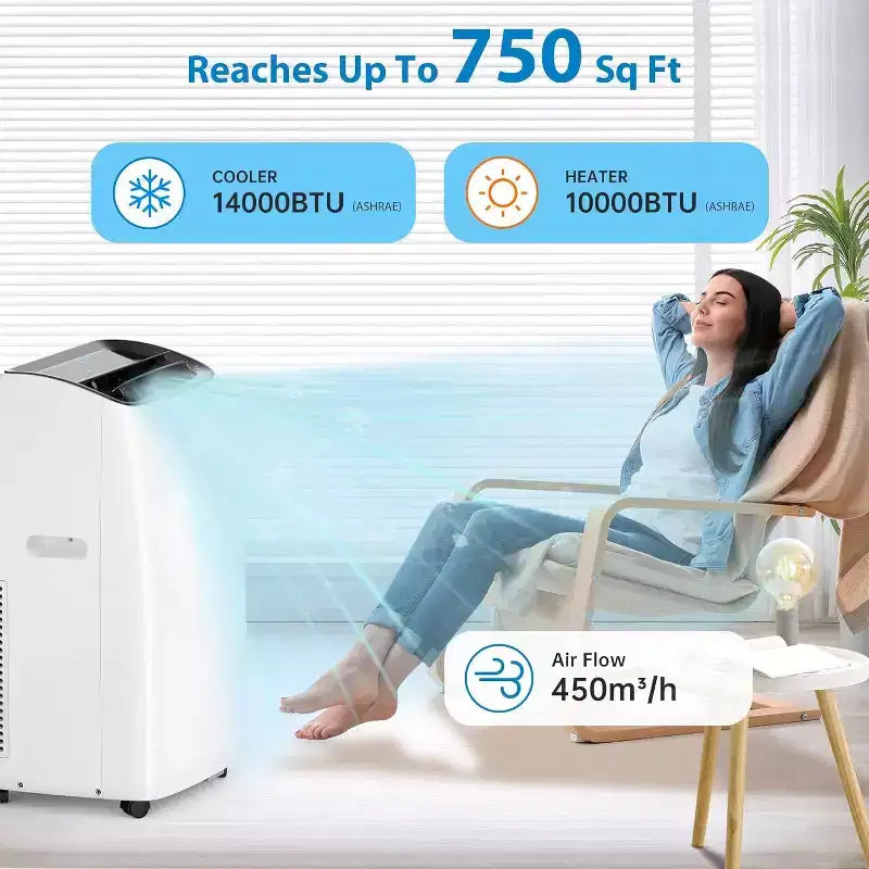 GustoWave Aire Acondicionado Portátil de 14000 BTU con Calefacción, Unidad de AC Interior para Habitaciones de hasta 70 m², Blanco/Negro