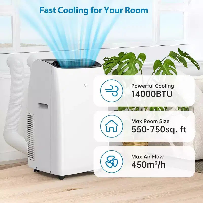 GustoWave Aire Acondicionado Portátil de 14000 BTU con Calefacción, Unidad de AC Interior para Habitaciones de hasta 70 m², Blanco/Negro