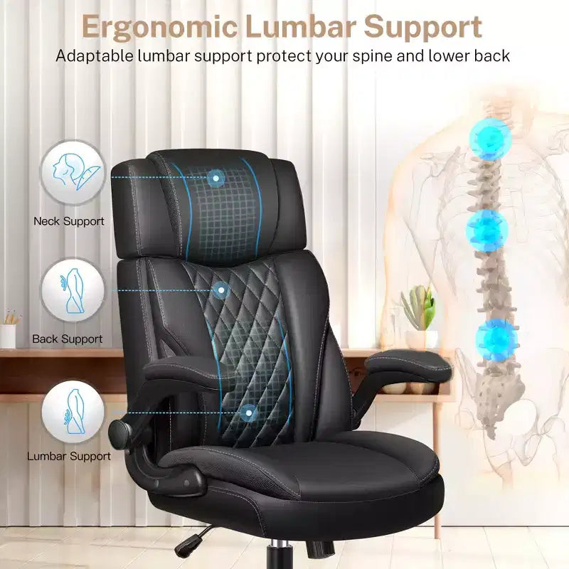 Silla de oficina ejecutiva de cuero KERDOM, silla de oficina ergonómica de respaldo alto con soporte lumbar y reposabrazos acolchados