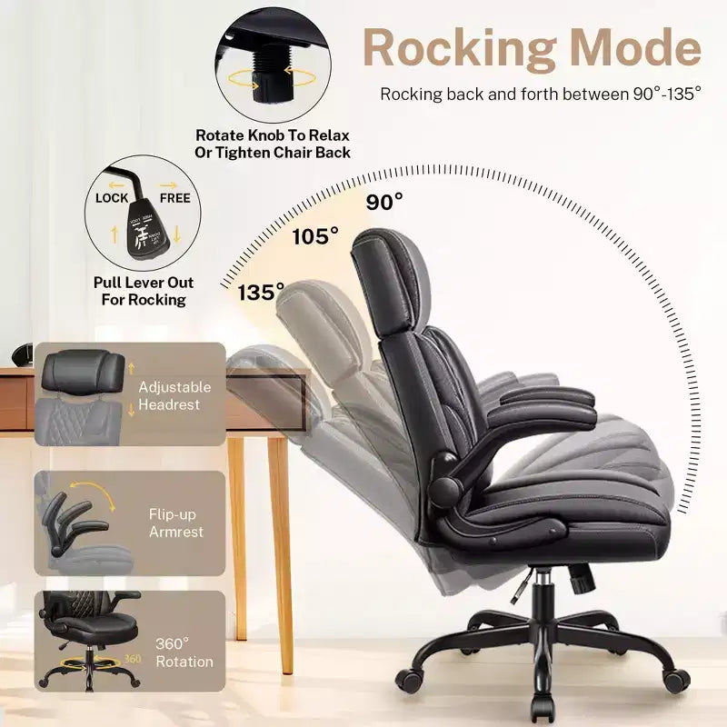 Silla de oficina ejecutiva de cuero KERDOM, silla de oficina ergonómica de respaldo alto con soporte lumbar y reposabrazos acolchados