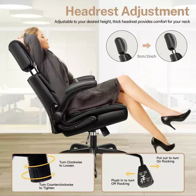 Silla de oficina ejecutiva de cuero KERDOM, silla de oficina ergonómica de respaldo alto con soporte lumbar y reposabrazos acolchados