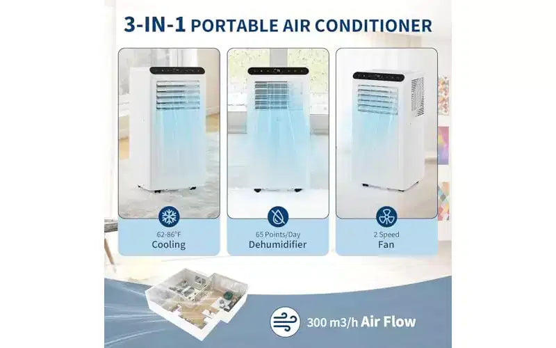 Aire acondicionado portátil GustoWave de 10000 BTU, 3 en 1, refrigeración, deshumidificador, modo sueño, control remoto, silencioso, panel negro, para dormitorio, oficina, apartamento
