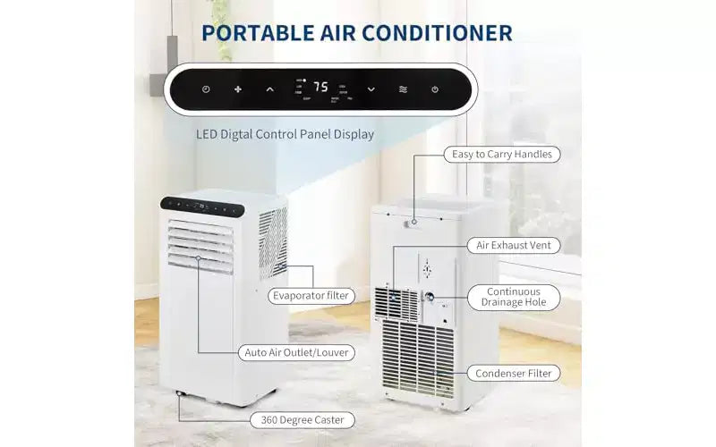 Aire acondicionado portátil GustoWave de 10000 BTU, 3 en 1, refrigeración, deshumidificador, modo sueño, control remoto, silencioso, panel negro, para dormitorio, oficina, apartamento