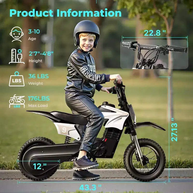 ECOLEAP K1 Moto de Cross Eléctrica para Niños 36V, 25.7 KM/H Rápida, 22.5 KM de Autonomía, Motor de 700W Pico, 3 Modos de Velocidad, Neumáticos Todoterreno de 12 Pulgadas, UL, Edades 3-10