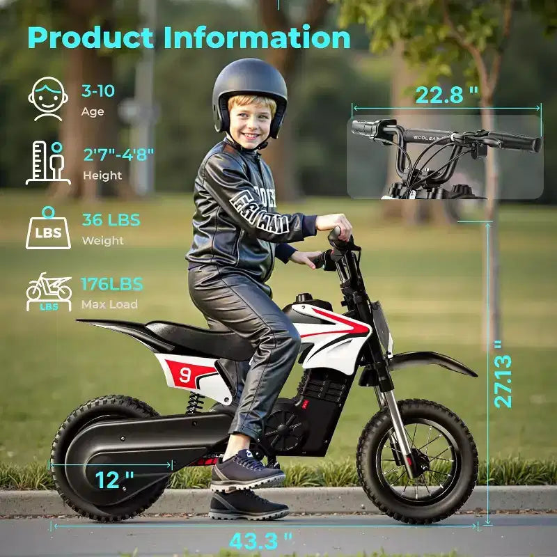 ECOLEAP K1 Moto de Cross Eléctrica para Niños 36V, 25.7 KM/H Rápida, 22.5 KM de Autonomía, Motor de 700W Pico, 3 Modos de Velocidad, Neumáticos Todoterreno de 12 Pulgadas, UL, Edades 3-10