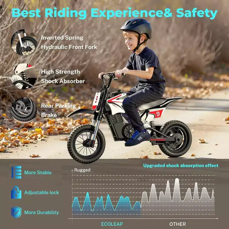 ECOLEAP K1 Moto de Cross Eléctrica para Niños 36V, 25.7 KM/H Rápida, 22.5 KM de Autonomía, Motor de 700W Pico, 3 Modos de Velocidad, Neumáticos Todoterreno de 12 Pulgadas, UL, Edades 3-10