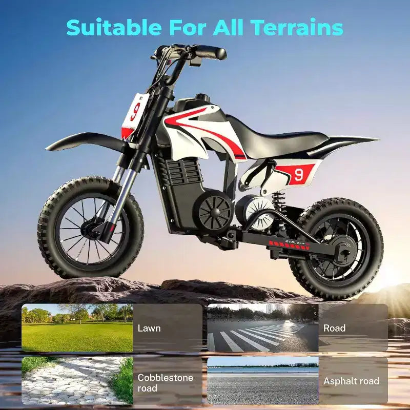 ECOLEAP K1 Moto de Cross Eléctrica para Niños 36V, 25.7 KM/H Rápida, 22.5 KM de Autonomía, Motor de 700W Pico, 3 Modos de Velocidad, Neumáticos Todoterreno de 12 Pulgadas, UL, Edades 3-10