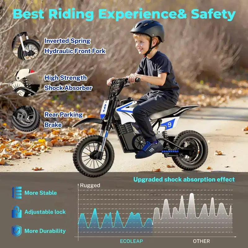 ECOLEAP K1 Moto de Cross Eléctrica para Niños 36V, 25.7 KM/H Rápida, 22.5 KM de Autonomía, Motor de 700W Pico, 3 Modos de Velocidad, Neumáticos Todoterreno de 12 Pulgadas, UL, Edades 3-10
