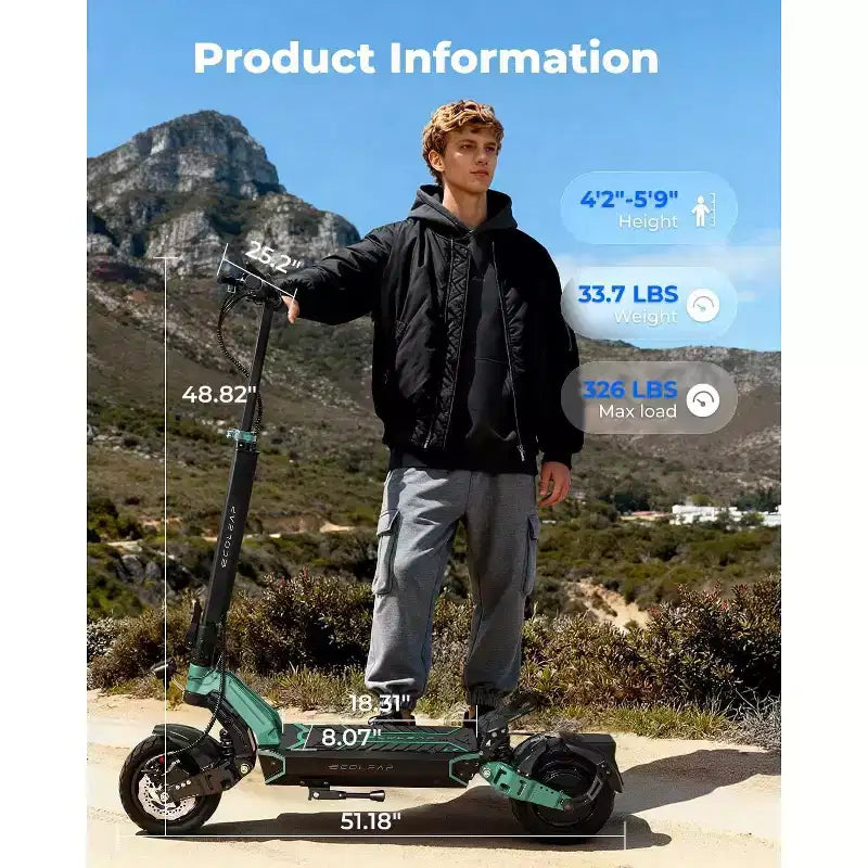 Patinete eléctrico ECOLEAP L7 para adultos, motor pico de 1500 W, 45 km/h, autonomía de 80 km, doble suspensión, frenos de disco delanteros y traseros, certificación UL