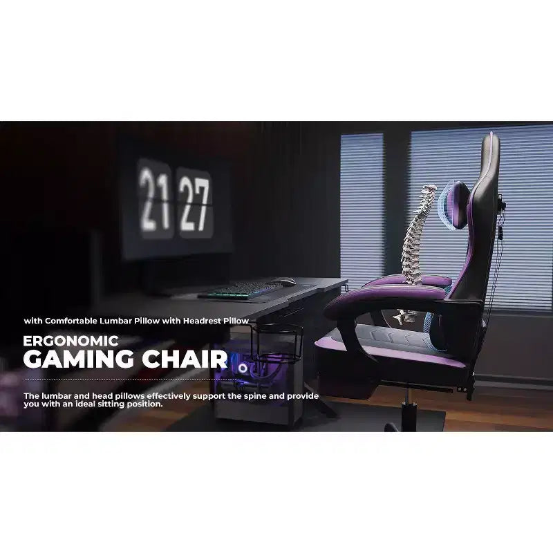 Silla Gaming Ergonómica Ora Maison con Reposapiés y Soporte Lumbar de Masaje, Silla de Ordenador Giratoria Ajustable en Altura para Adultos, Capacidad de 136 kg, Morado