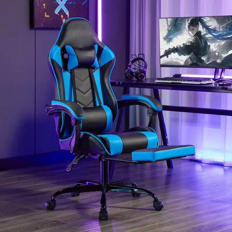 Silla de juego ergonómica Ora Maison con reposapiés y soporte lumbar, silla de ordenador giratoria transpirable de altura ajustable para adultos, azul