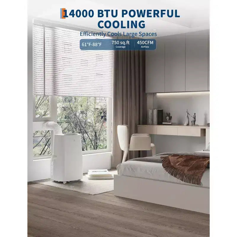 Aire Acondicionado Portátil Acekool de 14,000 BTU, Unidad de CA 3 en 1, Enfría hasta 70 m², Control Remoto, Temporizador, Blanco