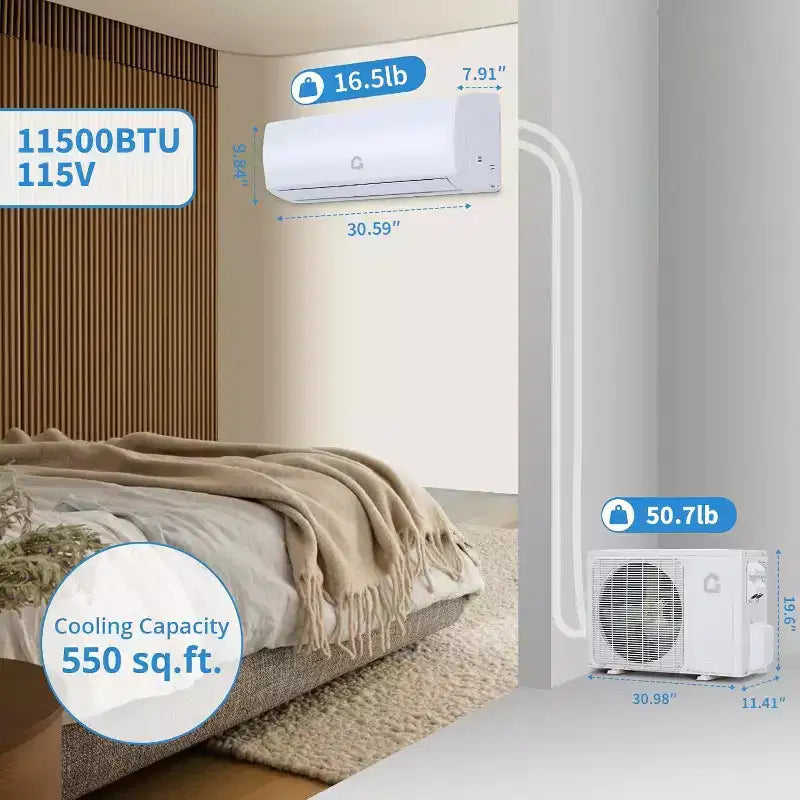 Acekool 11500 BTU Aire Acondicionado y Calefactor Mini Split, Aire Acondicionado Inverter sin Ductos con Wi-Fi 230V, Enfría Calienta 70 m², Blanco