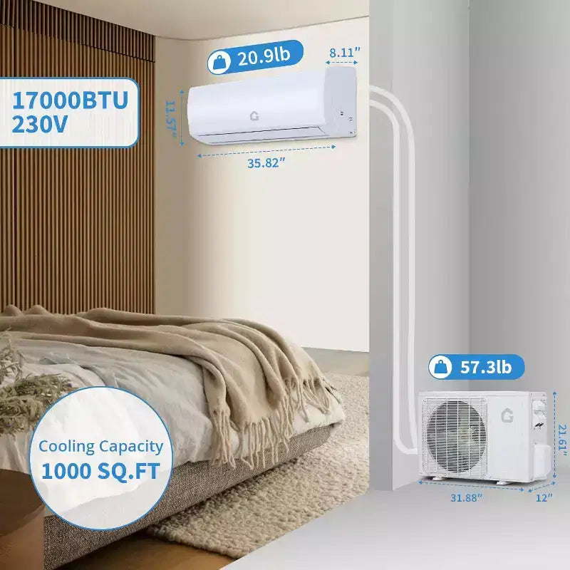 Acekool 17000 BTU Aire Acondicionado Calefactor Mini Split, Bomba de Calor Inverter con WiFi, Aire Acondicionado Sin Ductos 230V, Enfría y Calienta 1250 Pies Cuadrados, Blanco