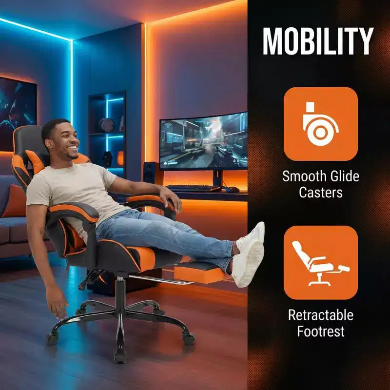 Sillón de Gaming con Reposapiés, Silla Ergonómica para Ordenador con Reposacabezas y Soporte Lumbar, Silla de Juego Transpirable y Ajustable en Altura para Hogar y Oficina