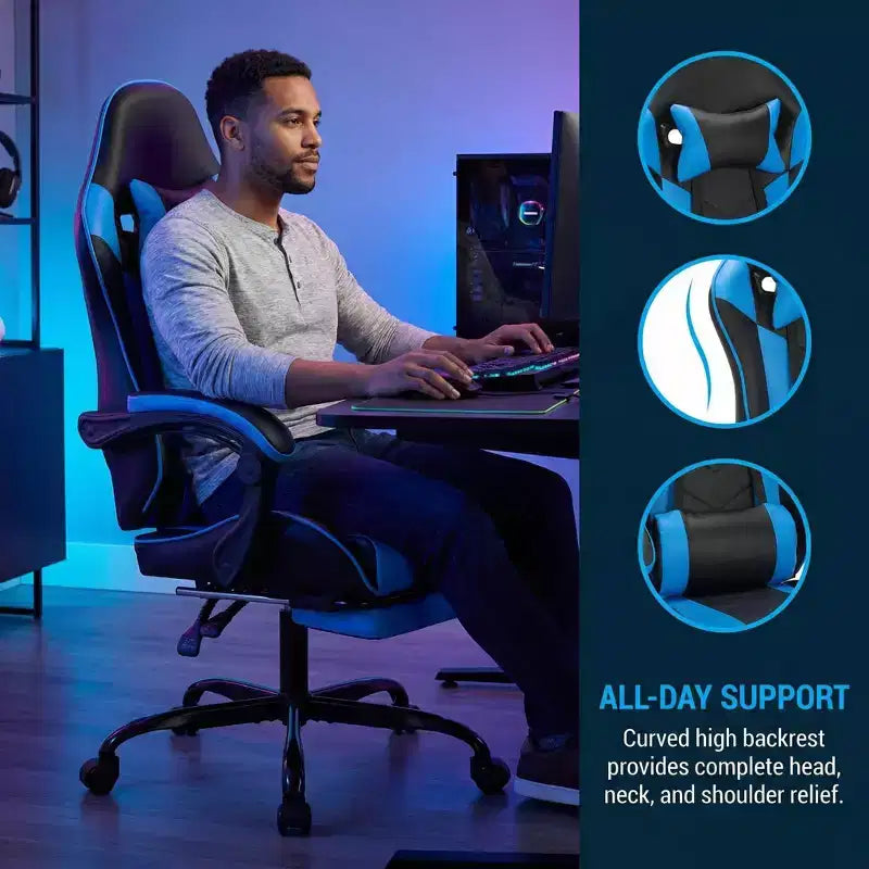 Sillón de Gaming con Reposapiés, Silla Ergonómica para Ordenador con Reposacabezas y Soporte Lumbar, Silla de Juego Transpirable y Ajustable en Altura para Hogar y Oficina