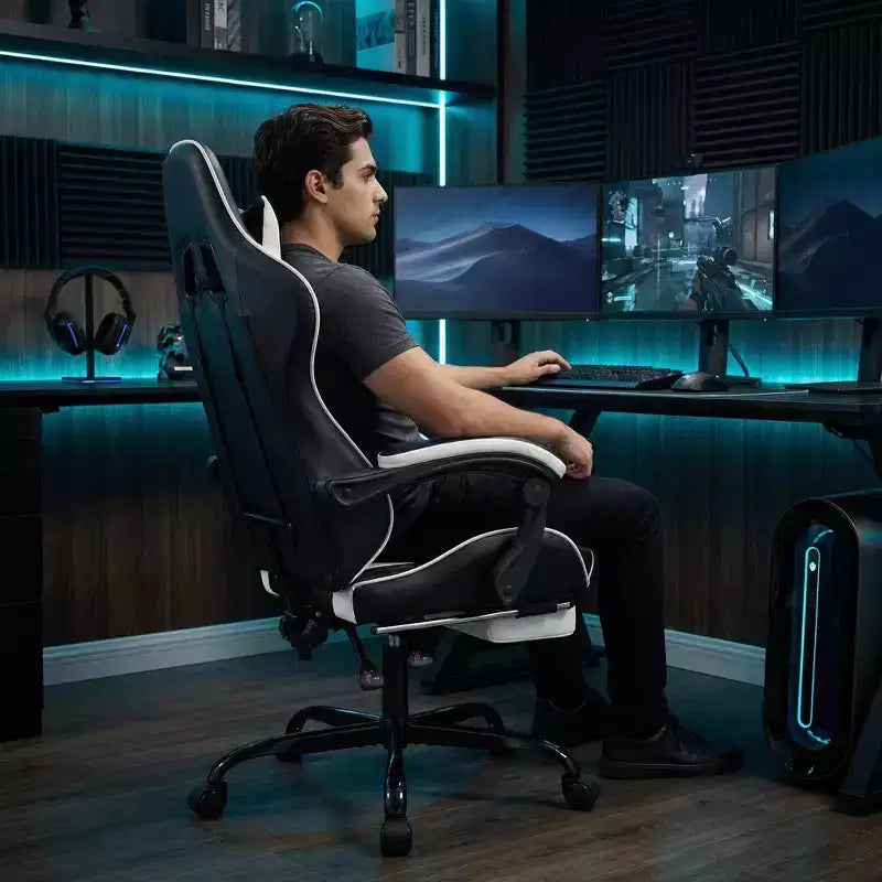 Sillón de Gaming con Reposapiés, Silla Ergonómica para Ordenador con Reposacabezas y Soporte Lumbar, Silla de Juego Transpirable y Ajustable en Altura para Hogar y Oficina