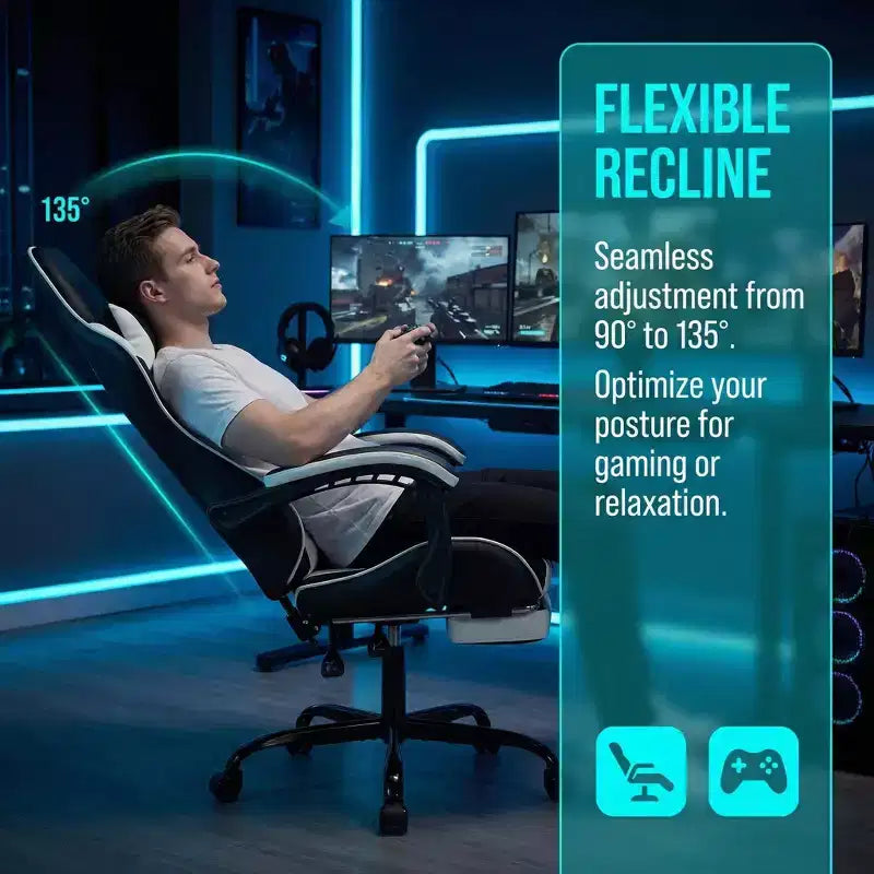 Sillón de Gaming con Reposapiés, Silla Ergonómica para Ordenador con Reposacabezas y Soporte Lumbar, Silla de Juego Transpirable y Ajustable en Altura para Hogar y Oficina