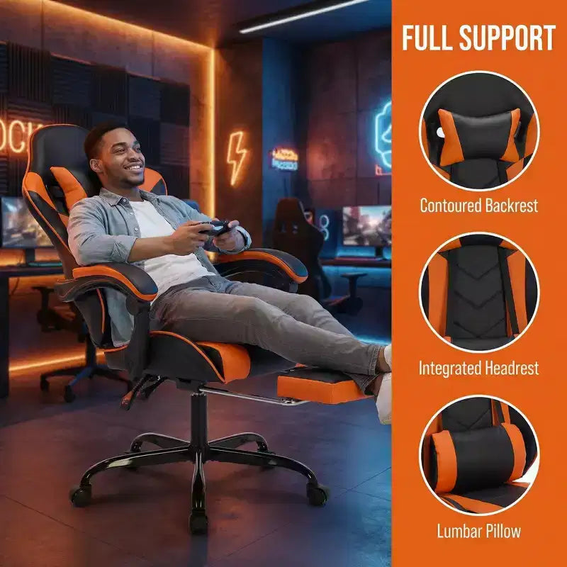 Sillón de Gaming con Reposapiés, Silla Ergonómica para Ordenador con Reposacabezas y Soporte Lumbar, Silla de Juego Transpirable y Ajustable en Altura para Hogar y Oficina