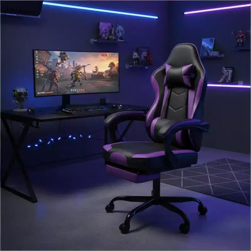 Silla Gamer LauKingdom con Reposapiés, Silla Ergonómica para Computadora, Giratoria con Altura Ajustable, Soporte Lumbar de Masaje, Silla para Videojuegos, Negro y Púrpura