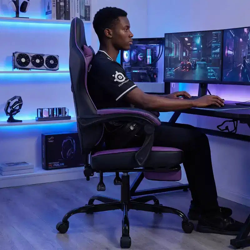 Silla Gamer LauKingdom con Reposapiés, Silla Ergonómica para Computadora, Giratoria con Altura Ajustable, Soporte Lumbar de Masaje, Silla para Videojuegos, Negro y Púrpura