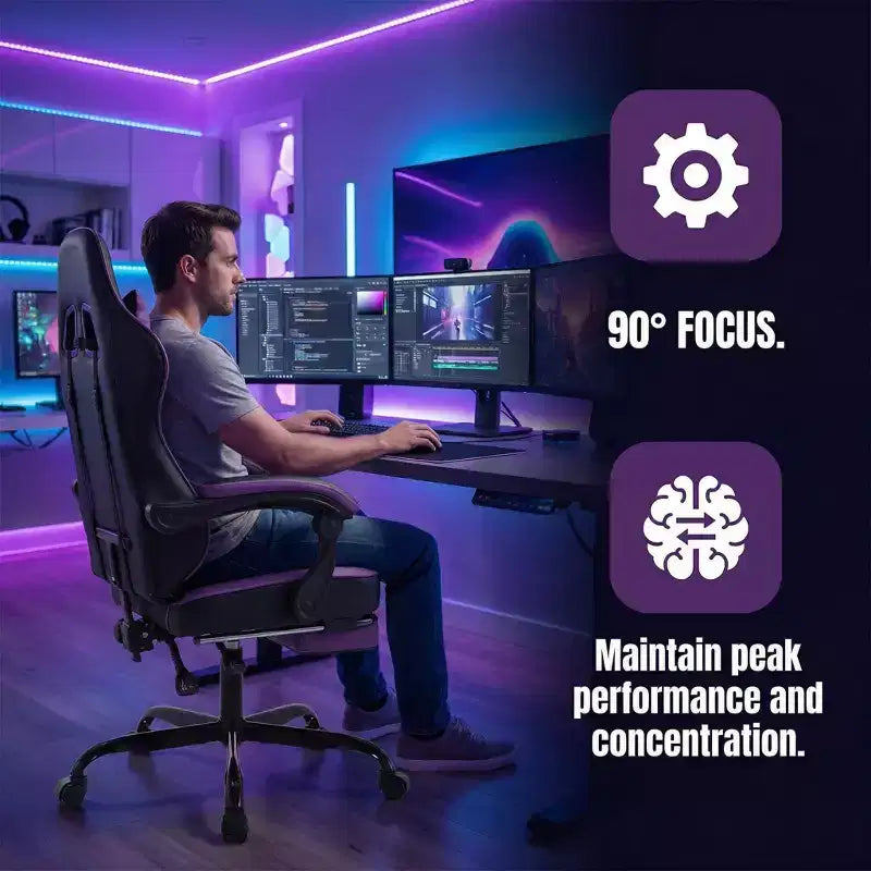 Silla Gamer LauKingdom con Reposapiés, Silla Ergonómica para Computadora, Giratoria con Altura Ajustable, Soporte Lumbar de Masaje, Silla para Videojuegos, Negro y Púrpura