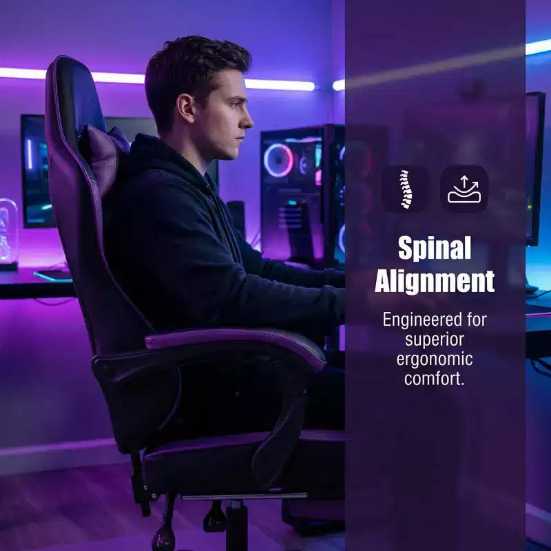 Silla Gamer LauKingdom con Reposapiés, Silla Ergonómica para Computadora, Giratoria con Altura Ajustable, Soporte Lumbar de Masaje, Silla para Videojuegos, Negro y Púrpura