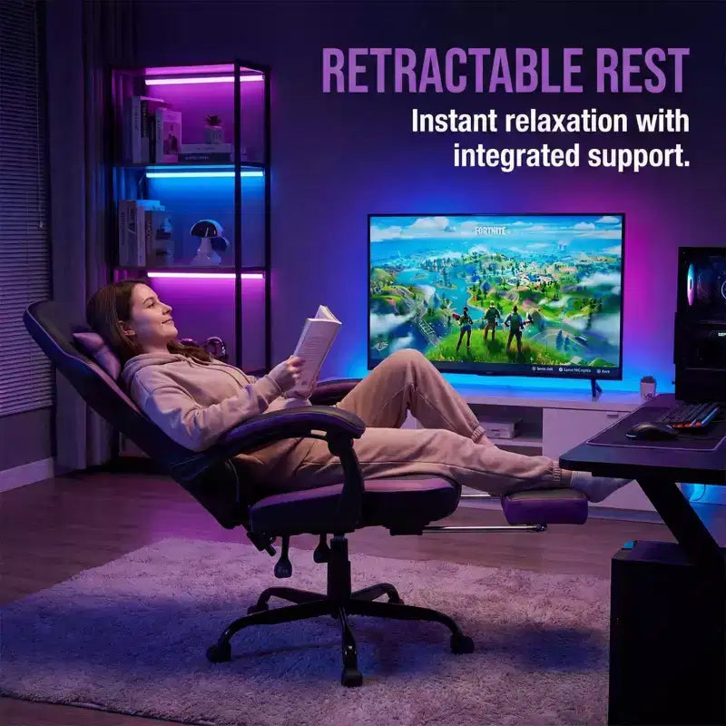 Silla Gamer LauKingdom con Reposapiés, Silla Ergonómica para Computadora, Giratoria con Altura Ajustable, Soporte Lumbar de Masaje, Silla para Videojuegos, Negro y Púrpura