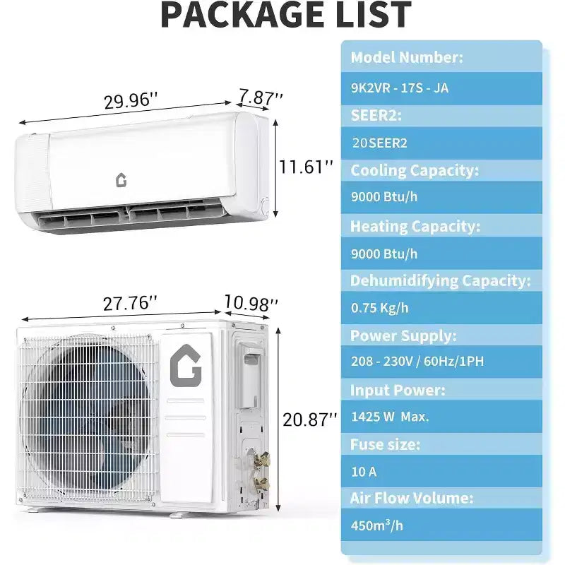 Aire acondicionado y calefactor mini split de 9000 BTU - Sistema inverter sin conductos de 20 SEER2, autolimpiante, WiFi/Alexa/Control remoto, kit de instalación, enfría 450 pies cuadrados, estándar de EE. UU.