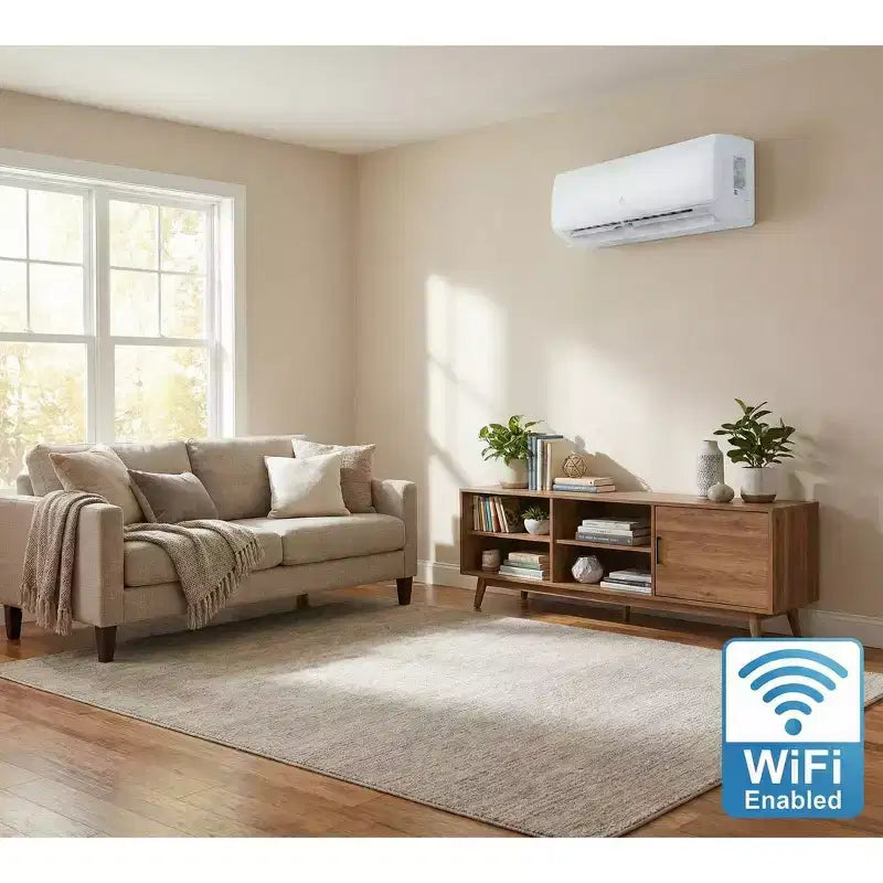 Aire Acondicionado y Calentador Mini Split de 12000 BTU, Inverter 21 SEER2, sin Conductos de Montaje en Pared, 230V, WiFi/Control Remoto, R32, ECO, Deshumidificador, Temporizador 24H, Enfriamiento de Alta Velocidad