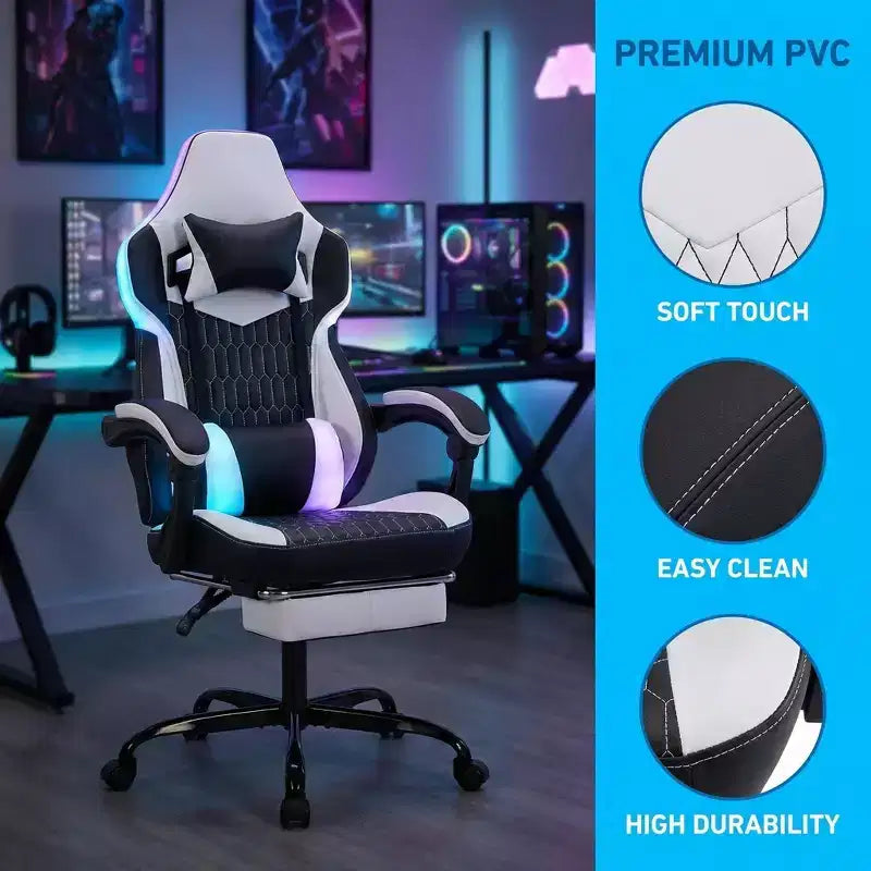 Silla Gaming LauKingdom con reposapiés, silla ergonómica de gamer con respaldo alto, reposacabezas y soporte lumbar ajustables, estilo Racing de cuero PU para oficina y hogar