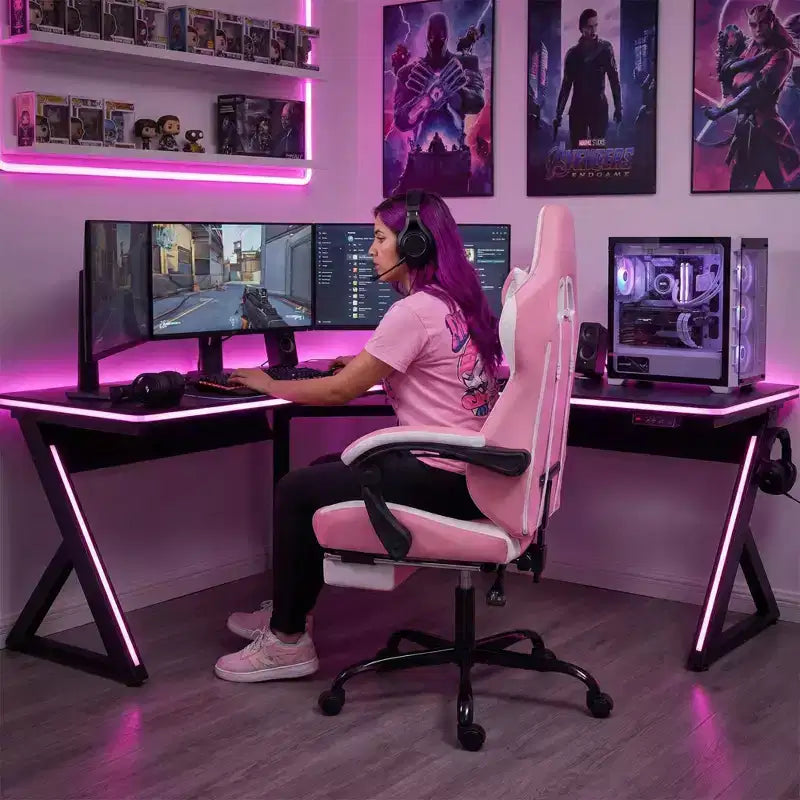 Silla Gaming LauKingdom con reposapiés, silla ergonómica de gamer con respaldo alto, reposacabezas y soporte lumbar ajustables, estilo Racing de cuero PU para oficina y hogar