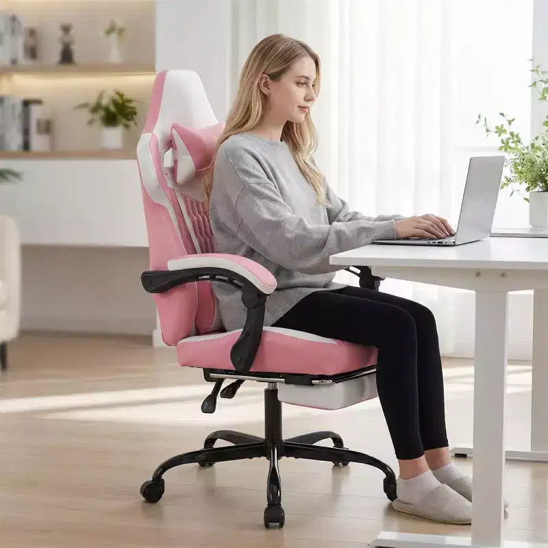 Silla Gaming LauKingdom con reposapiés, silla ergonómica de gamer con respaldo alto, reposacabezas y soporte lumbar ajustables, estilo Racing de cuero PU para oficina y hogar
