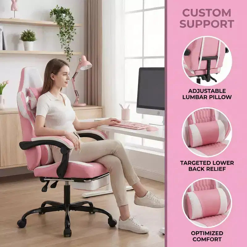 Silla Gaming LauKingdom con reposapiés, silla ergonómica de gamer con respaldo alto, reposacabezas y soporte lumbar ajustables, estilo Racing de cuero PU para oficina y hogar