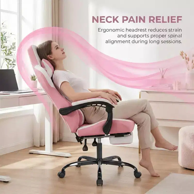 Silla Gaming LauKingdom con reposapiés, silla ergonómica de gamer con respaldo alto, reposacabezas y soporte lumbar ajustables, estilo Racing de cuero PU para oficina y hogar