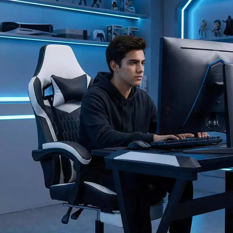 Silla Gaming LauKingdom con reposapiés, silla ergonómica de gamer con respaldo alto, reposacabezas y soporte lumbar ajustables, estilo Racing de cuero PU para oficina y hogar