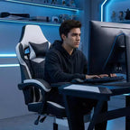 Silla Gaming LauKingdom con reposapiés, silla ergonómica de gamer con respaldo alto, reposacabezas y soporte lumbar ajustables, estilo Racing de cuero PU para oficina y hogar