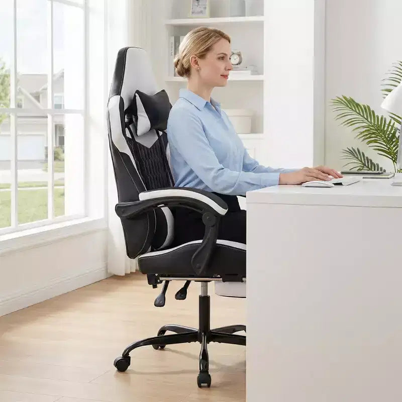 Silla Gaming LauKingdom con reposapiés, silla ergonómica de gamer con respaldo alto, reposacabezas y soporte lumbar ajustables, estilo Racing de cuero PU para oficina y hogar