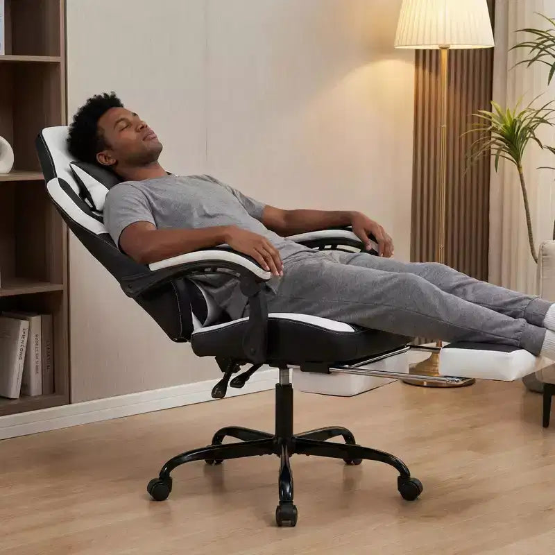 Silla Gaming LauKingdom con reposapiés, silla ergonómica de gamer con respaldo alto, reposacabezas y soporte lumbar ajustables, estilo Racing de cuero PU para oficina y hogar