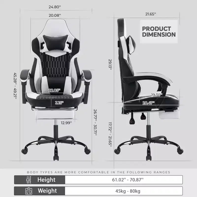 Silla Gaming LauKingdom con reposapiés, silla ergonómica de gamer con respaldo alto, reposacabezas y soporte lumbar ajustables, estilo Racing de cuero PU para oficina y hogar