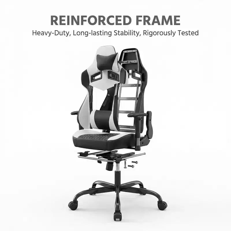 Silla Gaming LauKingdom con reposapiés, silla ergonómica de gamer con respaldo alto, reposacabezas y soporte lumbar ajustables, estilo Racing de cuero PU para oficina y hogar